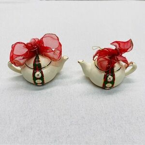 Mud Pie 2 Teapot Ornaments Button & Bow Ceramic Teapot W/Plaid & Buttons Holiday